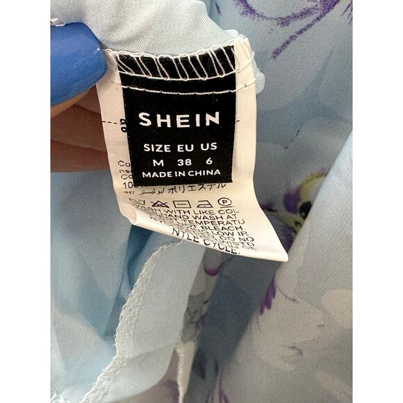 Shein Blue Floral Contrast Lace Floral Print Tulip Hem Cami Dress Sz Medium NEW - Picture 12 of 12